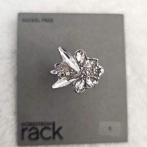 NWT Nordstrom Rack Art Deco Crystal Cocktail Ring Clear Rhodium Size 7 & 8